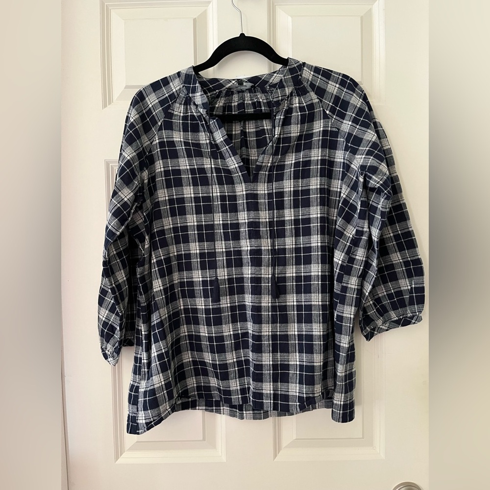 Madewell Women's Blue White Peasant Bohemian Plaid Loose Tassel Tie Blouse M